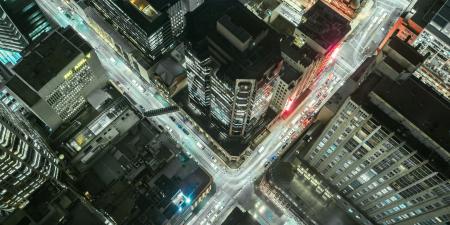 Birdseye view of Sydney CBD buildings at night